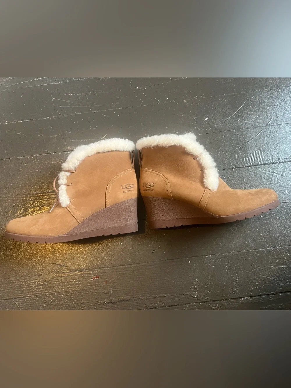UGG Jeovana Chestnut Suede Wedge Booties with White Shearling Trim waterproof